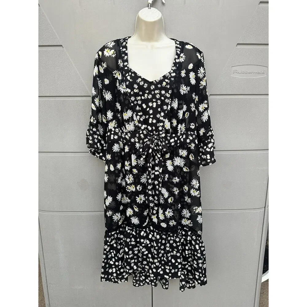 CAbi Daisy Print 2 Piece Chiffon Dress/Duster Wrap Black & White Sz L COTTAGE - Picture 2 of 16